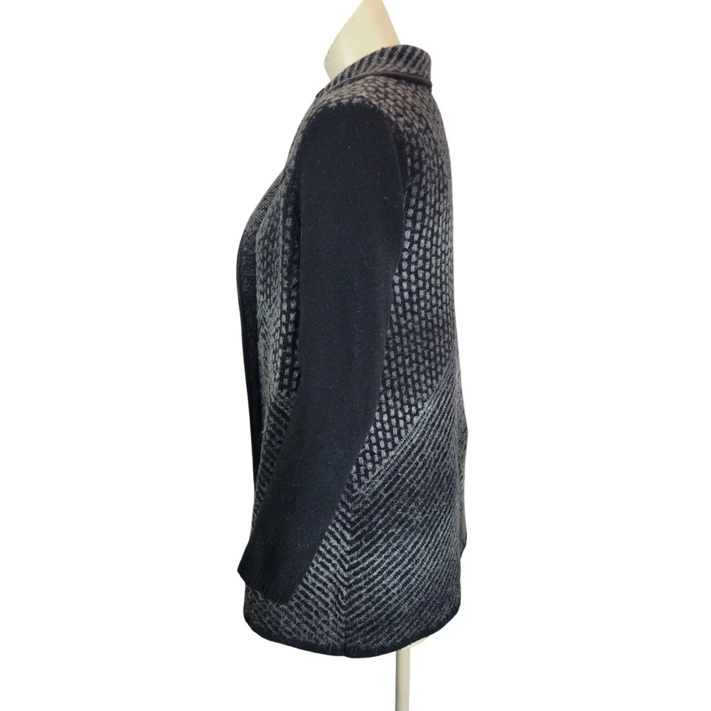 Laura Ashley Cardigan Sweater Geometric Wool Blend Open Front Gray Black PXL